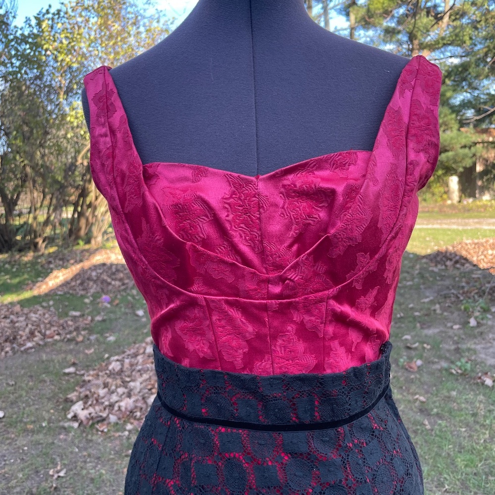 Vintage Ilene Ricky Three Piece Wiggle Cocktail Dress, Red and Black Lace Petite